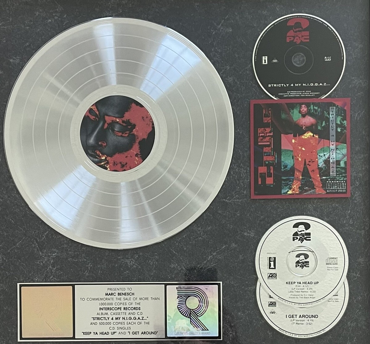 TUPAC SHAKUR “STRICTLY 4” PLATINUM PLAQUE RIAA AWARD FOR