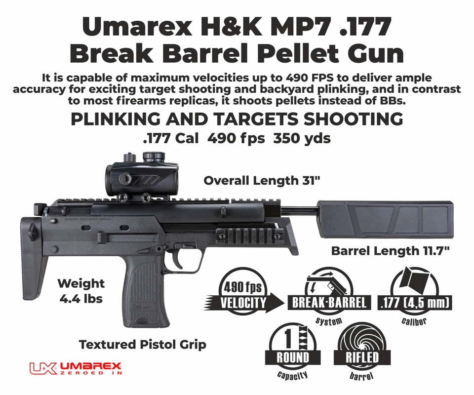 Umarex Heckler & Koch MP7 .177 Caliber Break Barrel Air Rifle w/ Pellets Bundle - Image 4 of 4