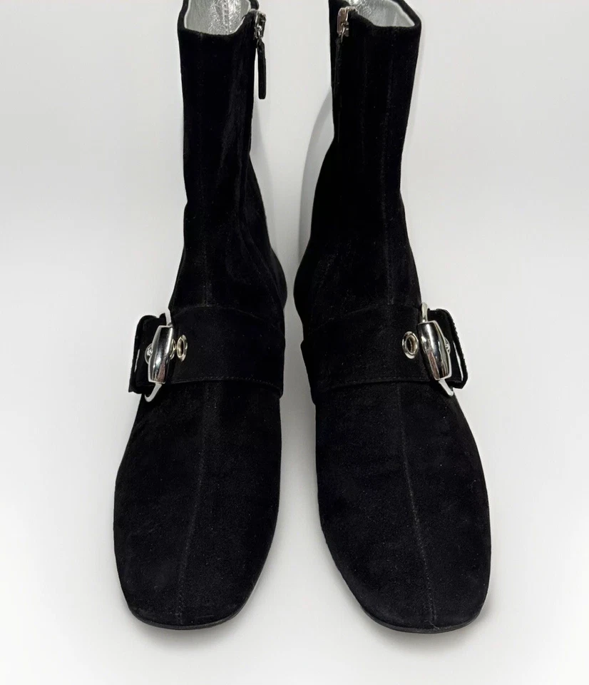 Gucci Botas Cortas Mod Gogo Negro Gamuza Hebilla Rojo Tacón Bajo Botín 7 B Foto 3 de 4