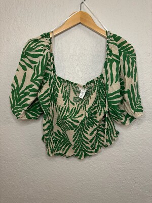 H&M Cropped Cold Shoulder Top W/Balloon Sleeves Beige & Green  Size XL