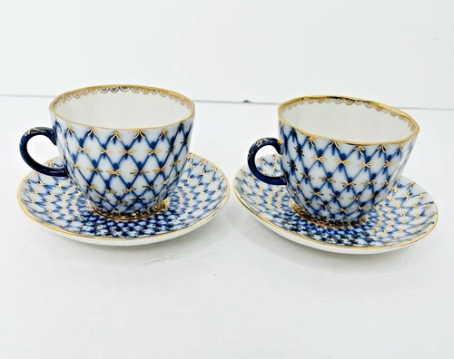 2Vtg Lomonosov USSR Imperial Porcelain Teacup Coffee Saucer Cobalt 14K Demitasse