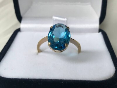 Rare Vintage USSR Gilt Silver 875 Sky Blue Topaz Stone Ring Women's Jewelry