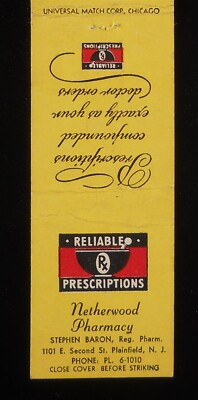 1950s Netherwood Pharmacy Stephen Baron Pharm. 1101 E. 2nd St. Plainfield NJ MB
