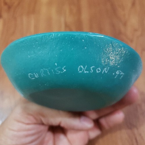 Vintage 1990s Curtiss Olson Fused Glass Art Big Eyed Dish Signed 4” X 4” 1997 - Picture 6 of 10