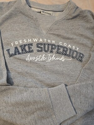 Waffle Knit Freshwater Coast Lake Superior Apostle Islands LS Sweatshirt XL Gray