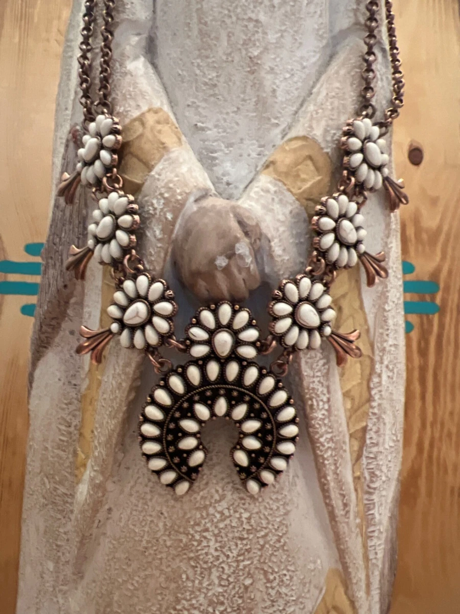 TRIBAL SQUASH BLOSSOM COPPER BRASS WHITE BUFFALO NECKLACE SPRING