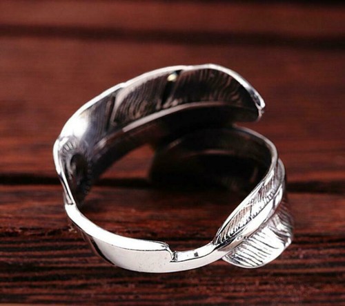 925 Sterling Silver &Brass Feather Synthetic Turquoise Adjustable Ring Men A3269 - Picture 7 of 7