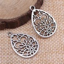 Clearance 30PCS Silver Tone Flower Filigree Teardrop Charm Pendant GGS224