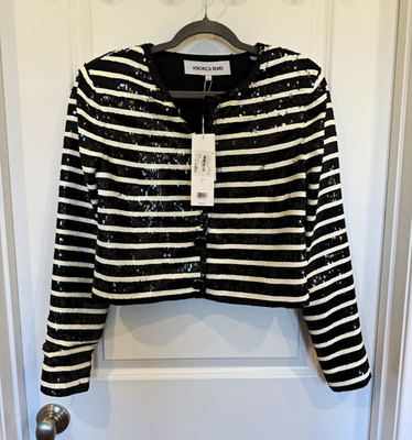 Veronica Beard Black/White Striped Sequin Cropped Jacket Button Lined 6