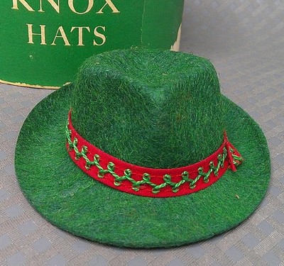Vintage 1960s Knox Hats New York Green Felt Fedora Red Ribbon Band