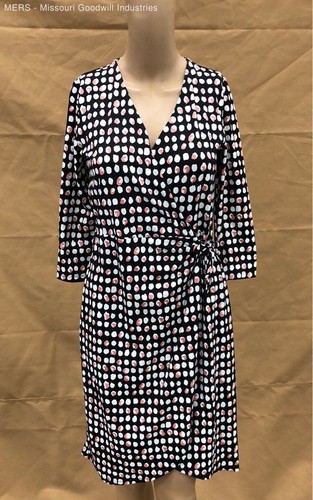 Talbots Black White & Pink V-Neck 3/4 Sleeve Stretch Faux Wrap Dress - Size S/P