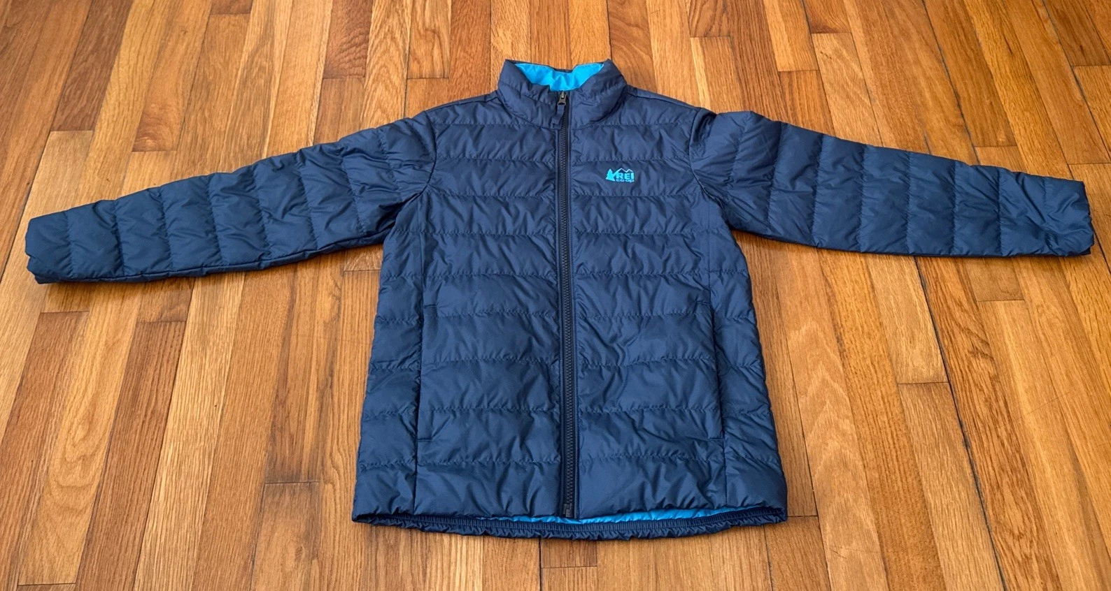 REI Co-op Down Puffer Jacket Blue Zip 80% Down Youth Size Medium