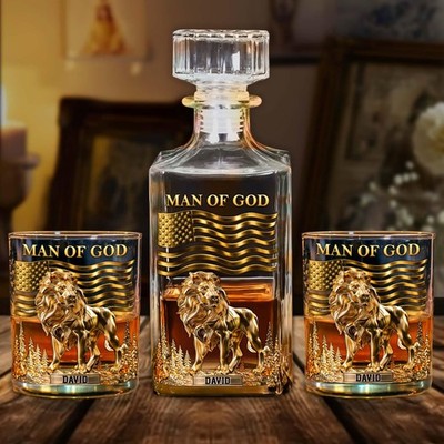 Custom Lion Man of God Christian Whiskey Decanter Glass Set Personalized Gift Hi