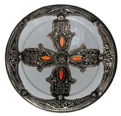 Metal Coated Ceramic Morrocan KHASMA Decorative 9½D'' Wall Plate w/ Orange Stones