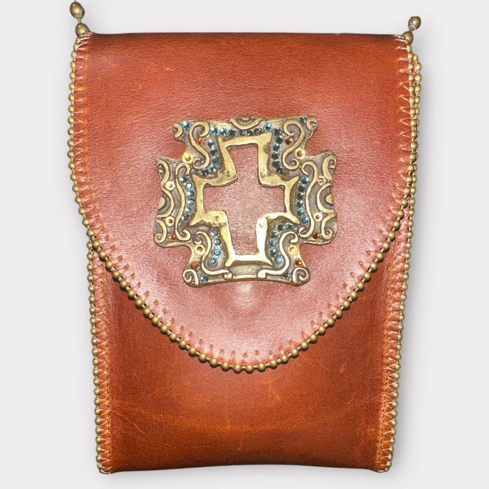 LEATHEROCK Crossbody Brown Leather Brass Cross Western Boho Shoulder Bag 90s USA - Image 3 of 4
