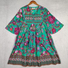 World Market Dress Women's S/M Green Multi Floral Tassel-Tie Bell Sleeve Coastal