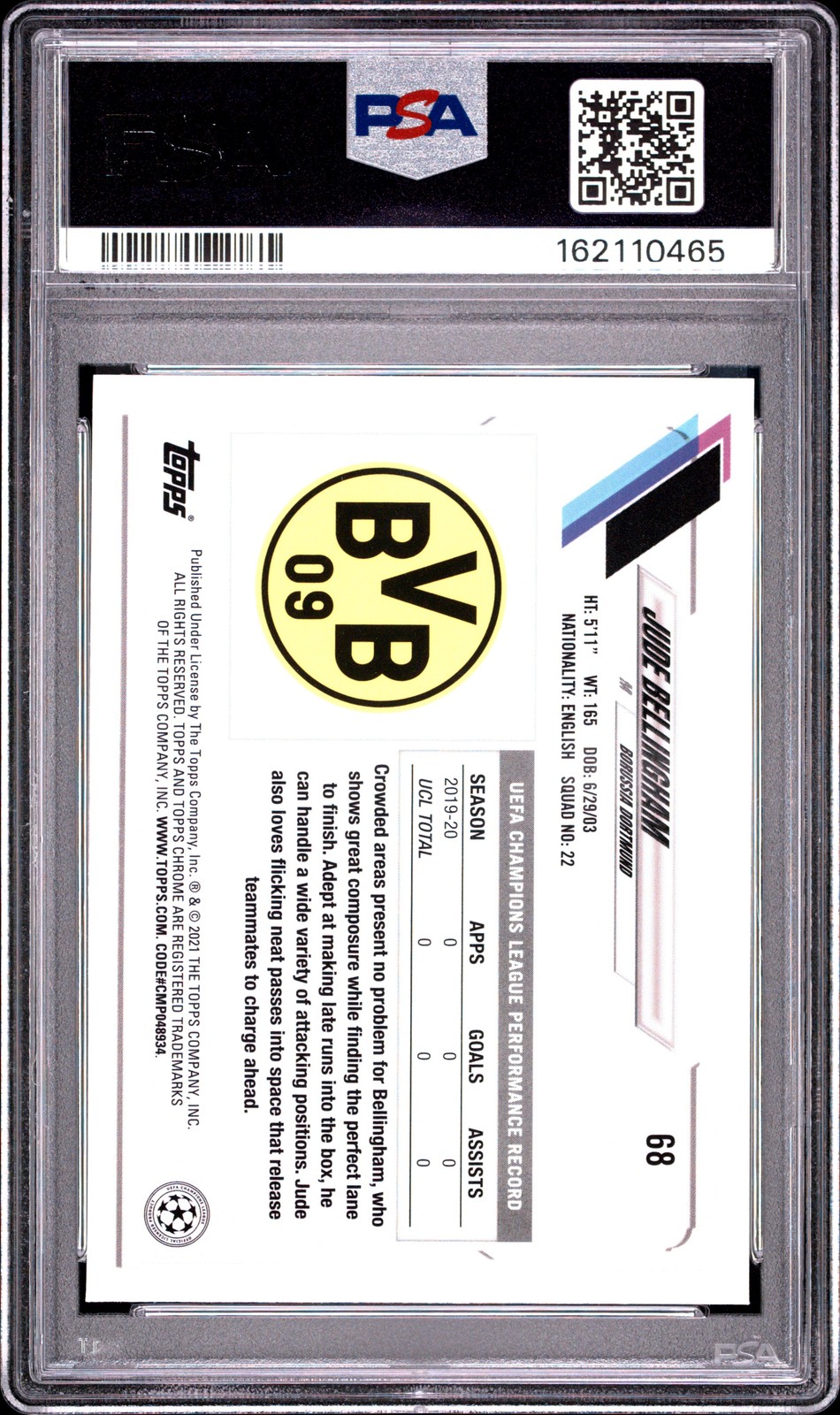 2020 TOPPS CHROME CHAMPIONS LEAGUE #68 JUDE BELLINGHAM ROOKIE RC PSA 9 view 2