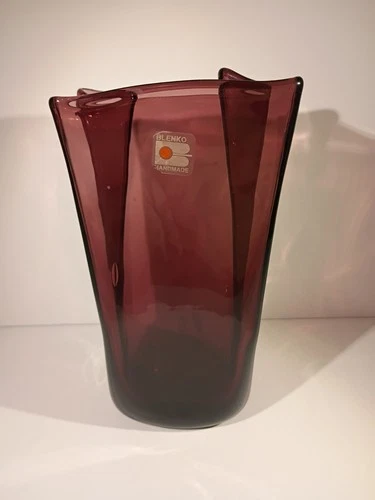 Vintage Blenko Glass Amethyst Paper Bag Vase ~8"