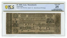 183X Nahant Bank Lynn MA $5 Obsolete Note PCGS 25 MA790-UNL RARE (65935)