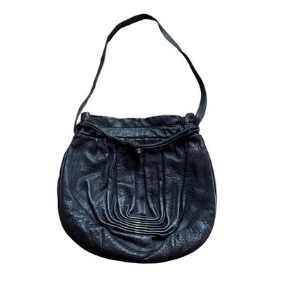 Vintage 80s Aspects 12''x 13'' Black Pebbled Leather Ruched Hobo Shoulder Bag
