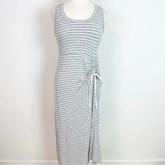 VESTIDO MIDI CABI FÁCIL RAYAS GRIS BLANCO SIN MANGAS CINCH CORBATA VESTIDO PEQUEÑO Foto 3 de 4