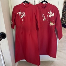 Couple Set Of 2 Floral Bird Ao Dai Vietnamese Long Dress Lunar New Year Red