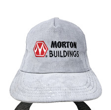 VINTAGE 80s MORTON BUILDINGS Construction GRAY Corduroy Advertising Hat USA Made
