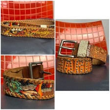 Ed Hardy Leather Belt Mens L 30-32 Studded Dragon Tiger Spellout Y2K Tattoo OBO