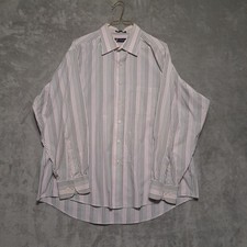 Chaps Size 17/17.5 (34/35) XL Dress Shirt Stripe Button Up Pink Grey White