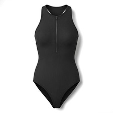 Black Ribbed High Neck Zip Front Racerback Bodysuit Large Sporty Athletic