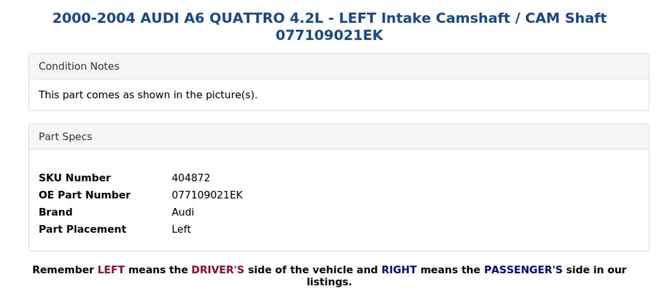 2000-2004 AUDI A6 QUATTRO 4.2L - LEFT Intake Camshaft / CAM Shaft 077109021EK - Image 4 of 4
