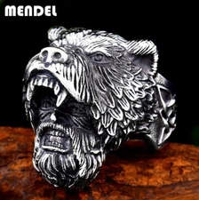 MENDEL Mens Nordic Viking Warrior Bear Head Ring Stainless Steel Men Size 8 9 11