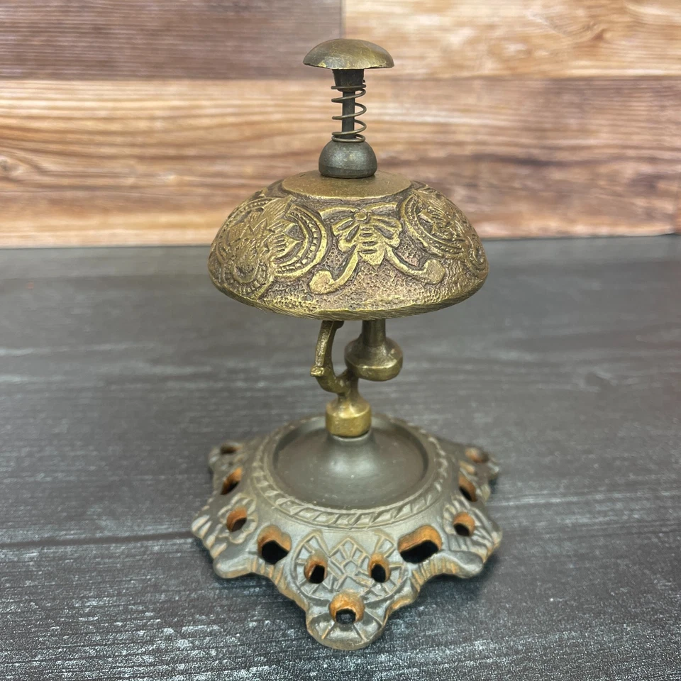Hotel Desk Bell On Stand Solid Brass With Butterfly Engraving And Antique Finish - Image 3 of 4