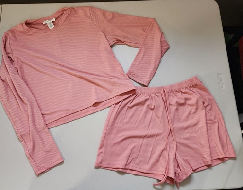 Capella Ribbed Pajama Set Womens Small Pink Long Sleeve Top And Shorts