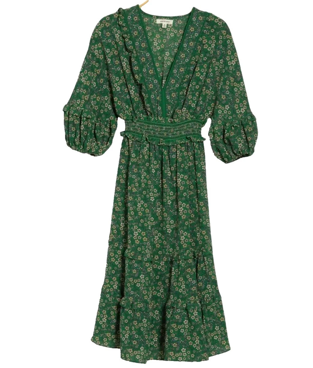 green emerald velvet dress Max Studio London Womens Printed Bishop Sleeve Midi Dress Tan L at Amazon  Women's Clothing store