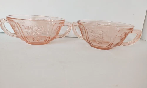Vintage 2 Pink Depression Glass Bowls Cabbage Rose Design 2 Handles 6.5” 5”  2”