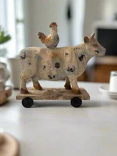 Primitive Farmhouse 10" Brown Spring Rustic Cow and Chicken On Wheels