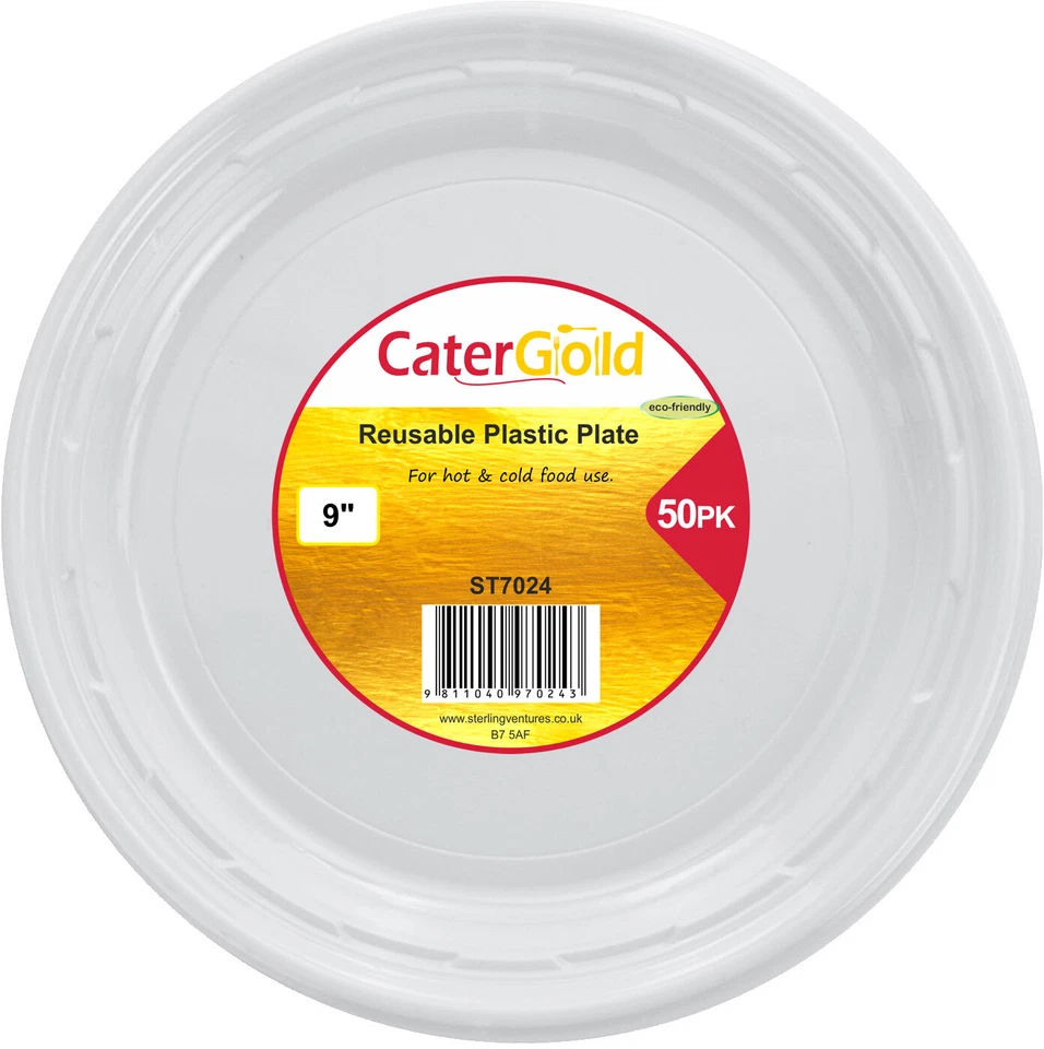 CATERGOLD 100 Disposable Plates9" Heavy Duty White Plastic Plates Reusable Catering Party