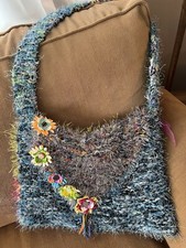Original Crochet Hippy Purse Tote Fuzzy Yarn Loop Button Close Hand Made Boho