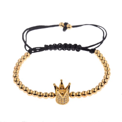 Luxury 24k Gold Plated CZ Crown 4mm Bead Braided Macrame Bracelets For Men Women - Picture 12 of 42