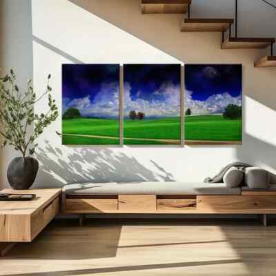 3pcs Lush Meadow Dramatic Cloudy Sky & Trees Wall Art Canvas Unframed/Framed