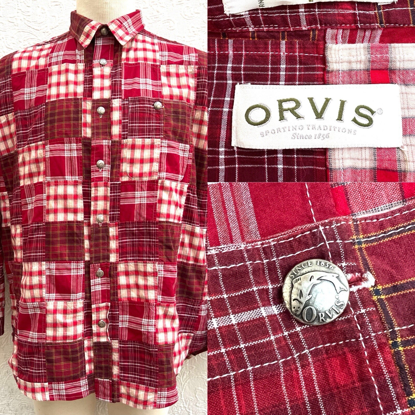 ORVIS Cotton Madras Red PATCHWORK Silver Accent B… - image 1