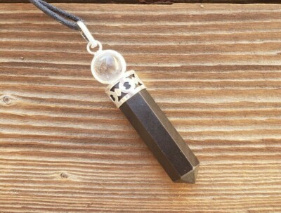 OBSIDIAN 2 STONE CRYSTAL POINT PENDANT W/ QUARTZ SPHERE & CORD GEMSTONE 
