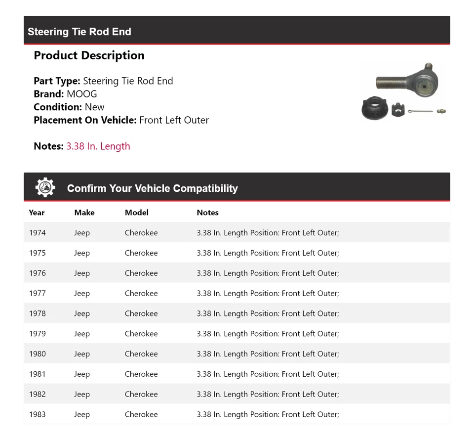 Para 1974-1983 Jeep Cherokee extremidade da haste de direção dianteira esquerda externa MOOG 1974 1975 - Imagem 2 de 4