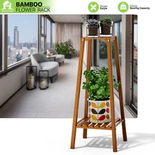 Bamboo 2 Tier Tall Plant Stand Pot Holder Small Space Table Garden Planter