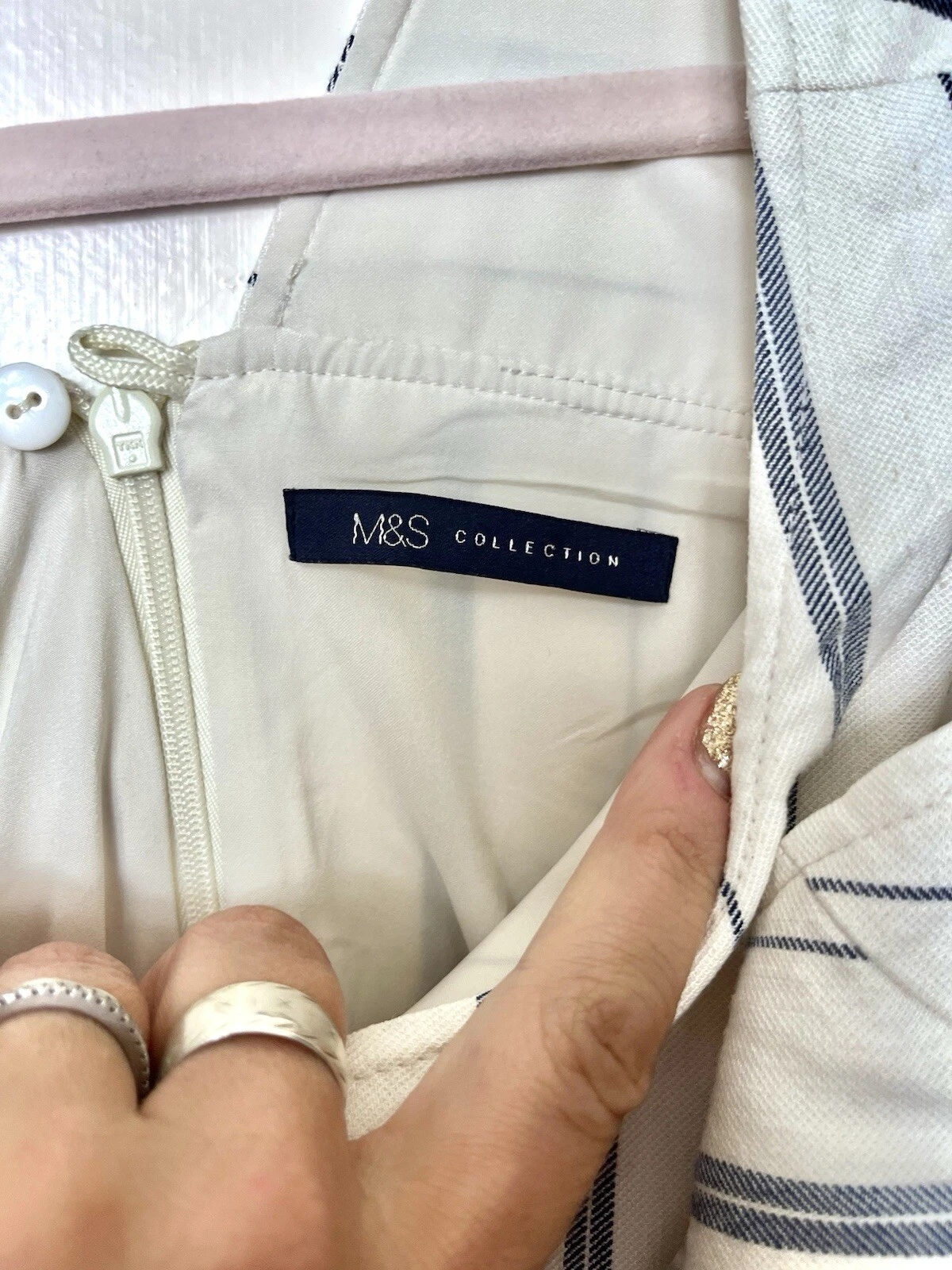 OFF WHITE Abito midi M&S COLLEZIONE bianco a righe misto lino misto crema taglia UK 12