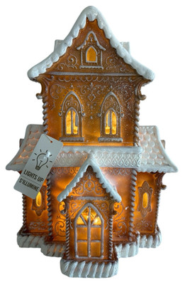 14'' LED Lighted Victorian Christmas Gingerbread House Glitter Scrollwork Icing