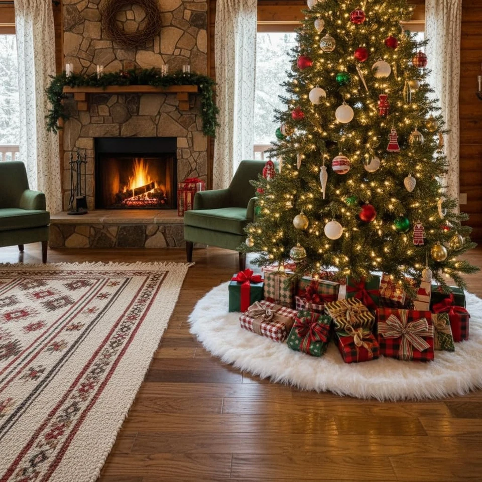 48 Inch White Faux Fur Christmas Tree Skirt, Luxury Plush Tree Base Cover - Image 4 of 4