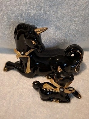 Vtg. Glossy Black Gold Gilt Ceramic Sitting Unicorn Figurines Set Of 2