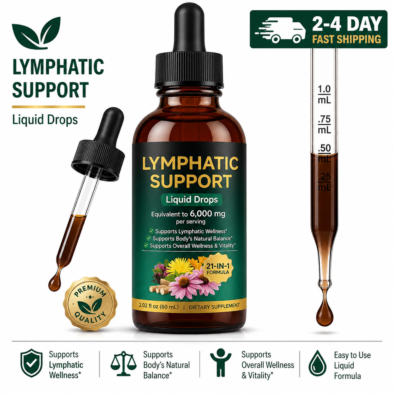 21-in-1 Lymphatic Drainage Drops for Liposomal, 6000mg Immune & Lymph System